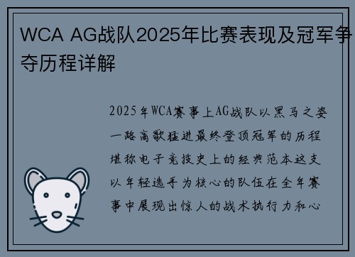 WCA AG战队2025年比赛表现及冠军争夺历程详解