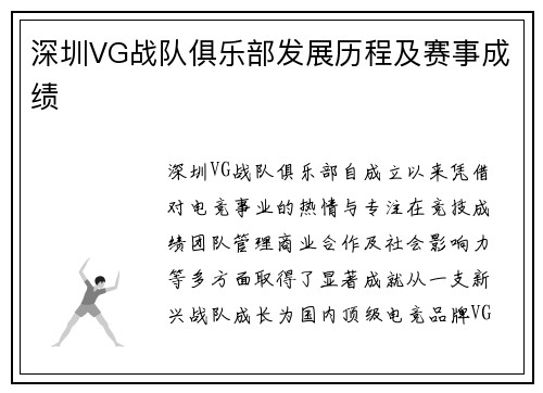 深圳VG战队俱乐部发展历程及赛事成绩